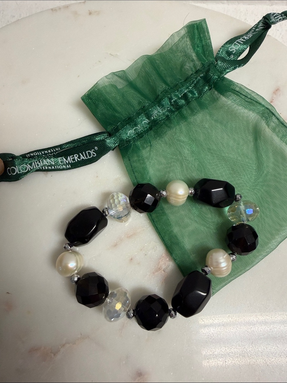 Barbados Black Bead & Pearl Stretch Bracelet